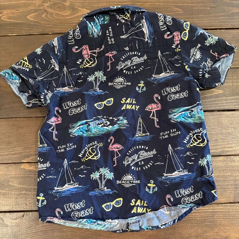 Original Penguin Toddler Boys 3T Navy Tropical Beach Flamingo Button Down Shirt